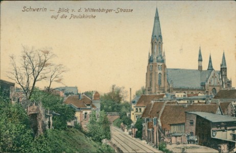 Alte Ansichtskarte Schwerin, Blick v. d. Wittenburger-Strasse auf die Paulskirche