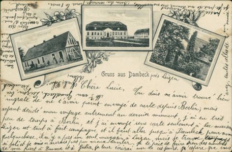 Alte Ansichtskarte Bütow-Dambeck, Gasthaus, Herrenhaus, Ruine der alten Kirche
