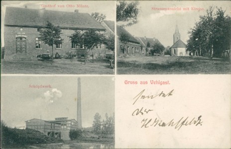 Alte Ansichtskarte Havelberg-Vehlgast, Gasthof von Otto Milatz, Strassenansicht mit Kirche, Schöpfwerk
