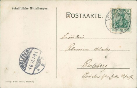 Adressseite der Ansichtskarte Havelberg-Vehlgast, Gasthof von Otto Milatz, Strassenansicht mit Kirche, Schöpfwerk