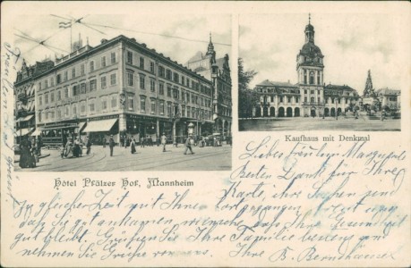 Alte Ansichtskarte Mannheim, Hôtel Pfälzer Hof, Kaufhaus mit Denkmal