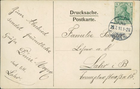Adressseite der Ansichtskarte Lahr/Schwarzwald, Gymnasium Lahr. Einjährige 1911