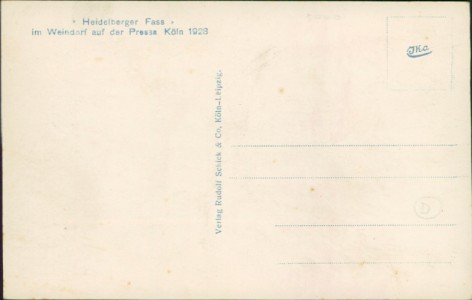 Adressseite der Ansichtskarte Köln, "Heidelberger Fass" im Weindorf auf der Pressa 1928