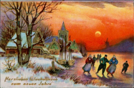 Alte Ansichtskarte Herzlichen Glückwunsch zum neuen Jahre, Winterlandschaft, Schlittschuhläufer, Windmühle