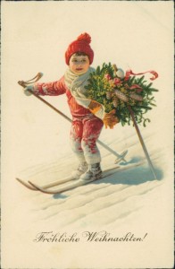 Alte Ansichtskarte Fröhliche Weihnachten, Knabe auf Skier mit Gesteck