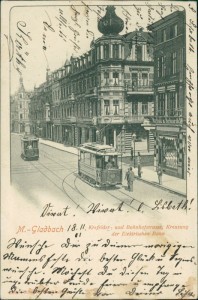 Alte Ansichtskarte Mönchengladbach, Krefelder- und Bahnhofstrasse, Kreuzung der Elektrischen Bahn, Straßenbahn