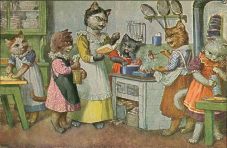 Alte Ansichtskarte Life in Catland, Katzen beim Kochen (vermutlich Arthur Thiele)
