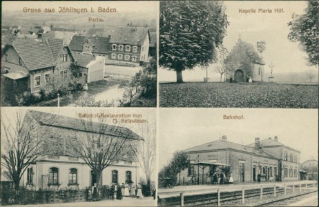 Alte Ansichtskarte Gruss aus Jöhlingen i. Baden, Partie, Kapelle Maria Hilf, Bahnhofs-Restauration von M. Betzwieser, Bahnhof