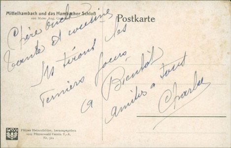 Adressseite der Ansichtskarte Mittelhambach und das Hambacher Schloß, Pfälzer Heimatbilder, herausgegeben vom Pfälzerwald-Verein V.-A.