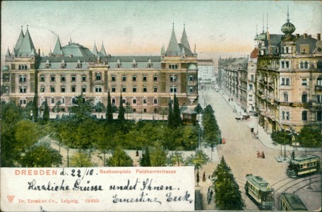 Alte Ansichtskarte Dresden, Sachsenplatz, Feldherrnstrasse mit Straßenbahn