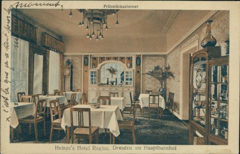 Alte Ansichtskarte Dresden, Heinze's Hotel Regina am Hauptbahnhof, Frühstückszimmer