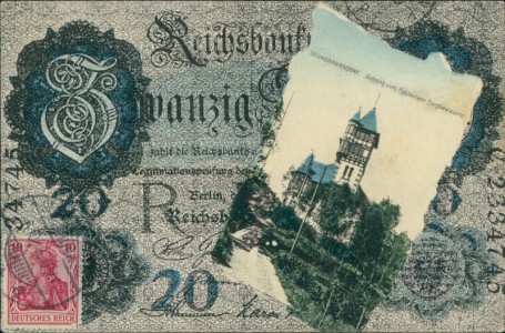 Alte Ansichtskarte Seifhennersdorf, Aufgang zum Restaurant Burgbergwarte, Banknote, Reichsbanknote