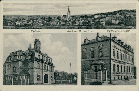 Alte Ansichtskarte Bergen (Jägerswald), Gesamtansicht, Rathaus, Gasthaus Karlshof