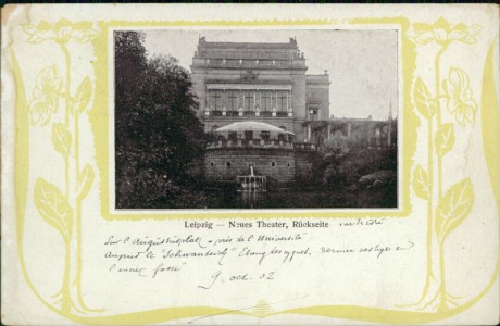 Alte Ansichtskarte Leipzig, Neues Theater, Rückseite, Jugendstil-Dekor