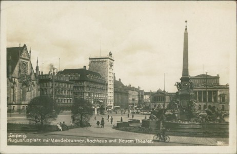Alte Ansichtskarte Leipzig, Augustusplatz mit Medebrunnen, Hochhaus und Neuem Theater