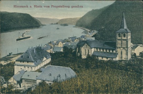 Alte Ansichtskarte Hirzenach a. Rhein, vom Propsteiberg gesehen