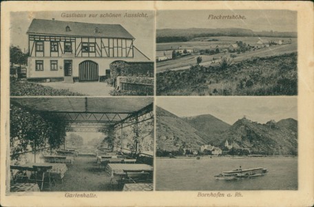 Alte Ansichtskarte Bornhofen a. Rhein, Gasthaus zur schönen Aussicht, Fleckertshöhe, Gartenhalle, Partie am Rhein