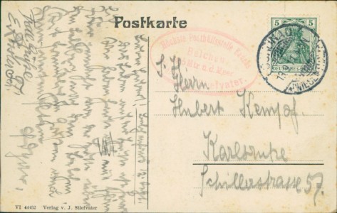 Adressseite der Ansichtskarte Münstertal/Schwarzwald, Belchenhaus 1415 m ü. d. M., Inhaber J. Stiefvater