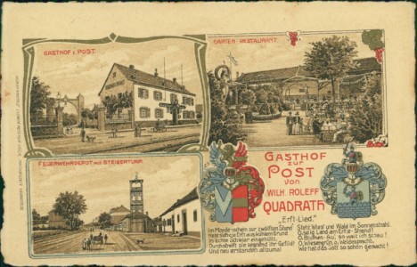 Alte Ansichtskarte Bergheim-Quadrath, Gasthof zur Post von Wilh. Roleff, Garten-Restaurant, Feuerwehrdepot mit Steigerturm