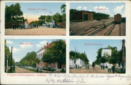Alte Ansichtskarte Zeithain, Tuppenübungsplatz. Eingang zum Lager, Bahnhof, Planitzstrasse, Rabenhorststrasse