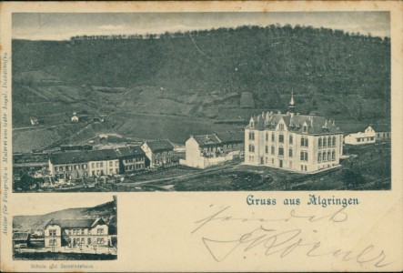 Alte Ansichtskarte Algrange / Algringen, Teilansicht, Schule und Gemeindehaus