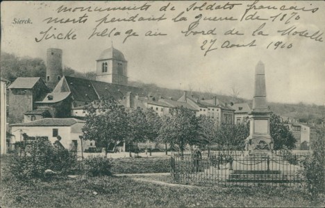 Alte Ansichtskarte Sierck-les-Bains, Teilansicht mit Denkmal