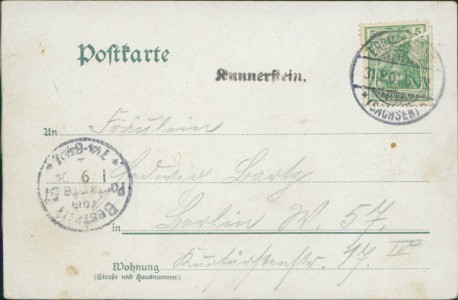 Adressseite der Ansichtskarte Gruss vom Kunnerstein Erzgeb. Bastei bei Augustusburg, Besitzer M. Kunze
