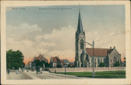 Alte Ansichtskarte Buer-Erle (Gelsenkirchen), Bismarckstraße mit Ev. Kirche