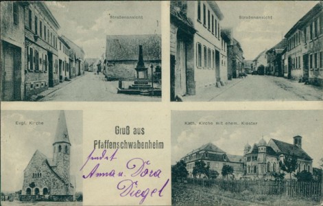 Alte Ansichtskarte Pfaffen-Schwabenheim, Straßenansicht, Evgl. Kirche, Kath. Kirche mit ehem. Kloster (Papierabschürfungen am oberen Rand links)