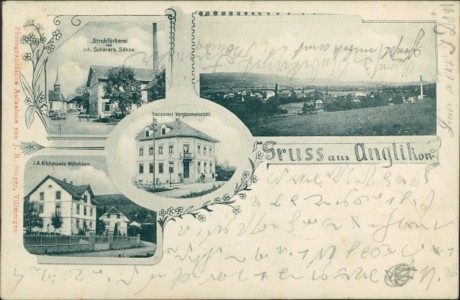 Alte Ansichtskarte Anglikon, Strohfärberei von Joh. Schärer's Söhne, Restaurant Vergissmeinnicht, J. A. Kilchmann's Wohnhaus