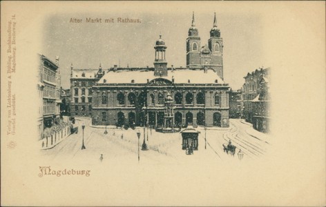 Alte Ansichtskarte Magdeburg, Alter Markt mit Rathaus im Schnee