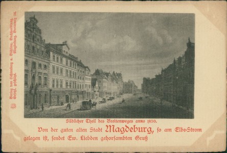 Alte Ansichtskarte Magdeburg, Südlicher Teil des Breitenweges anno 1830 (ECKEN VERFÄRBT)