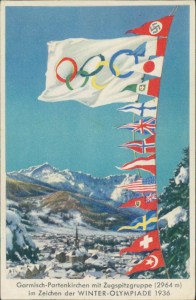 Alte Ansichtskarte Garmisch-Partenkirchen mit Zugspitzgruppe (2964 m) im Zeichen der WINTER-OLYMPIADE 1936, 