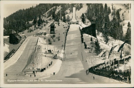 Alte Ansichtskarte Olympia-Skistadion mit Gr. u. Kl. Olympiaschanze, 