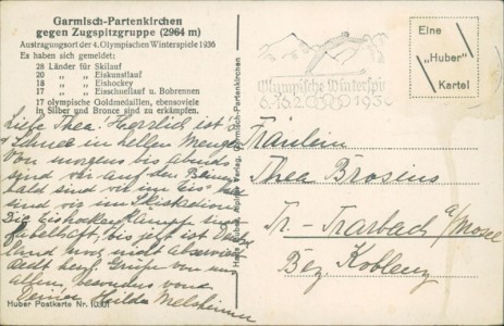 Adressseite der Ansichtskarte Garmisch-Partenkirchen mit Zugspitzgruppe (2964 m) im Zeichen der WINTER-OLYMPIADE 1936, 