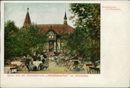 Alte Ansichtskarte Waldhäuschen bei Wiesbaden, Biergarten