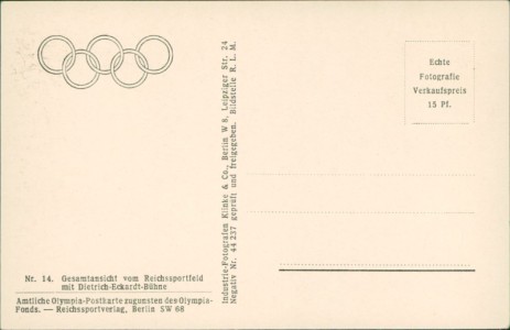 Adressseite der Ansichtskarte Gesamtansicht vom Reichssportfeld mit Dietrich-Eckardt-Bühne, 
