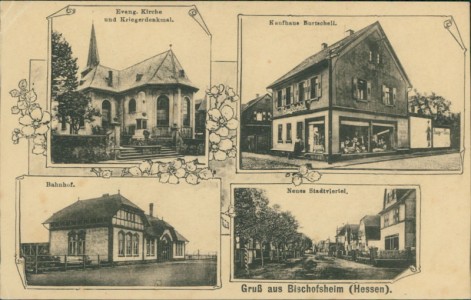 Alte Ansichtskarte Bischofsheim, Evang. Kirche und Kriegerdenkmal, Kaufhaus Burtschell, Bahnhof, Neues Stadtviertel (BESCHNITTEN)