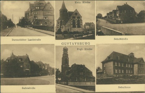 Alte Ansichtskarte Ginsheim-Gustavsburg, Darmstädter Landstraße, Kath. Kirche, Schulstraße, Bahnstraße, Evgl. Kirche, Schulhaus (BESCHNITTEN)