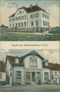Alte Ansichtskarte Schönenberg (Pfalz), Schulhaus, Kaufhaus M. Hürter