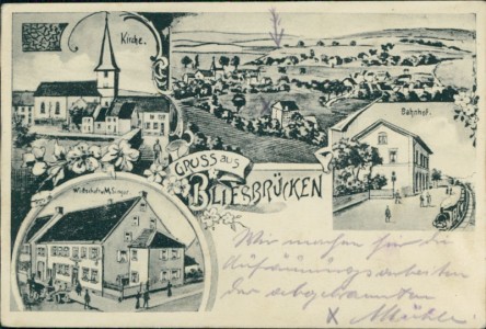 Alte Ansichtskarte Bliesbrücken / Bliesbruck, Kirche, Total, Bahnhof, Wirtschaft v. M. Singer
