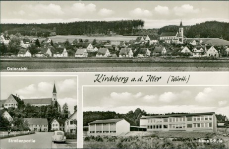Alte Ansichtskarte Kirchberg an der Iller, Ostansicht, Straßenpartie Neue Schule, VW Käfer