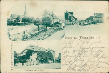 Alte Ansichtskarte Friesenheim, Teilansicht mit Kirche, Strassenpartie, Gasthaus zum Adler