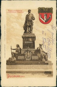 Alte Ansichtskarte Duisburg, Bismarckdenkmal mit Wappen