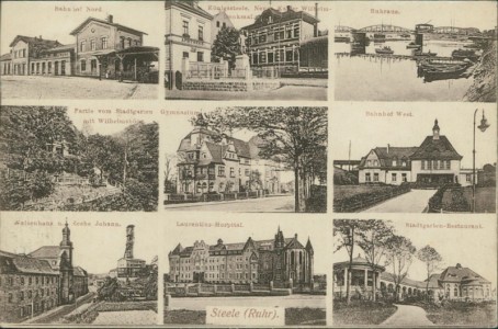 Alte Ansichtskarte Essen-Steele, Mehrbildkarte mit Bahnhof Nord, Bahnhof West und Zeche Johann