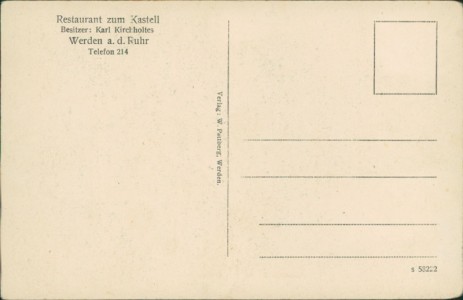 Adressseite der Ansichtskarte Essen-Werden, Restaurant zum Kastell, Besitzer Karl Kirchholtes (ECKEN RUND)