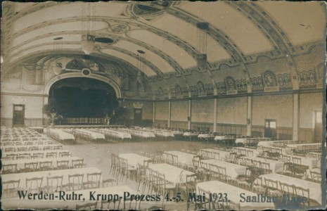 Alte Ansichtskarte Essen-Werden, Krupp-Prozess 4.-5. Mai 1923, Saalbau Maas