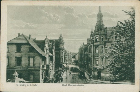 Alte Ansichtskarte Essen-Steele, Karl Humannstraße mit Straßenbahn