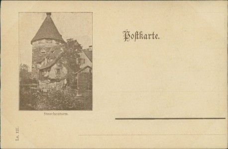 Adressseite der Ansichtskarte Reutlingen, Partie am Mühltor im Jahre 1869, rückseitig Storchenturm