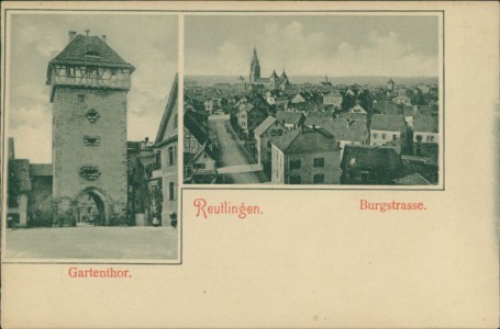 Alte Ansichtskarte Reutlingen, Burgstrasse, Gartentor, rückseitig Gerbersteg